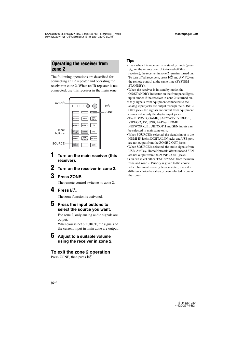 Operating the receiver from zone 2 | Sony STR-DN1030 User Manual | Page 92 / 132