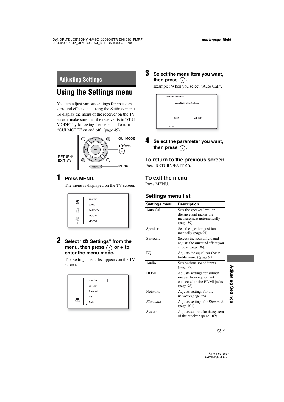 Adjusting settings, Using the settings menu | Sony STR-DN1030 User Manual | Page 93 / 132