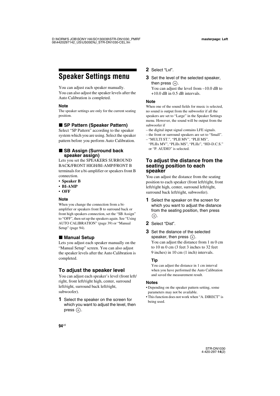 Speaker settings menu | Sony STR-DN1030 User Manual | Page 94 / 132