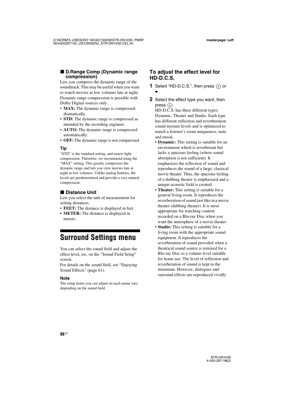 Surround settings menu | Sony STR-DN1030 User Manual | Page 96 / 132