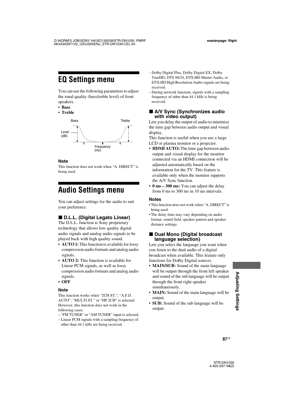 Eq settings menu, Audio settings menu, Eq settings menu audio settings menu | Sony STR-DN1030 User Manual | Page 97 / 132