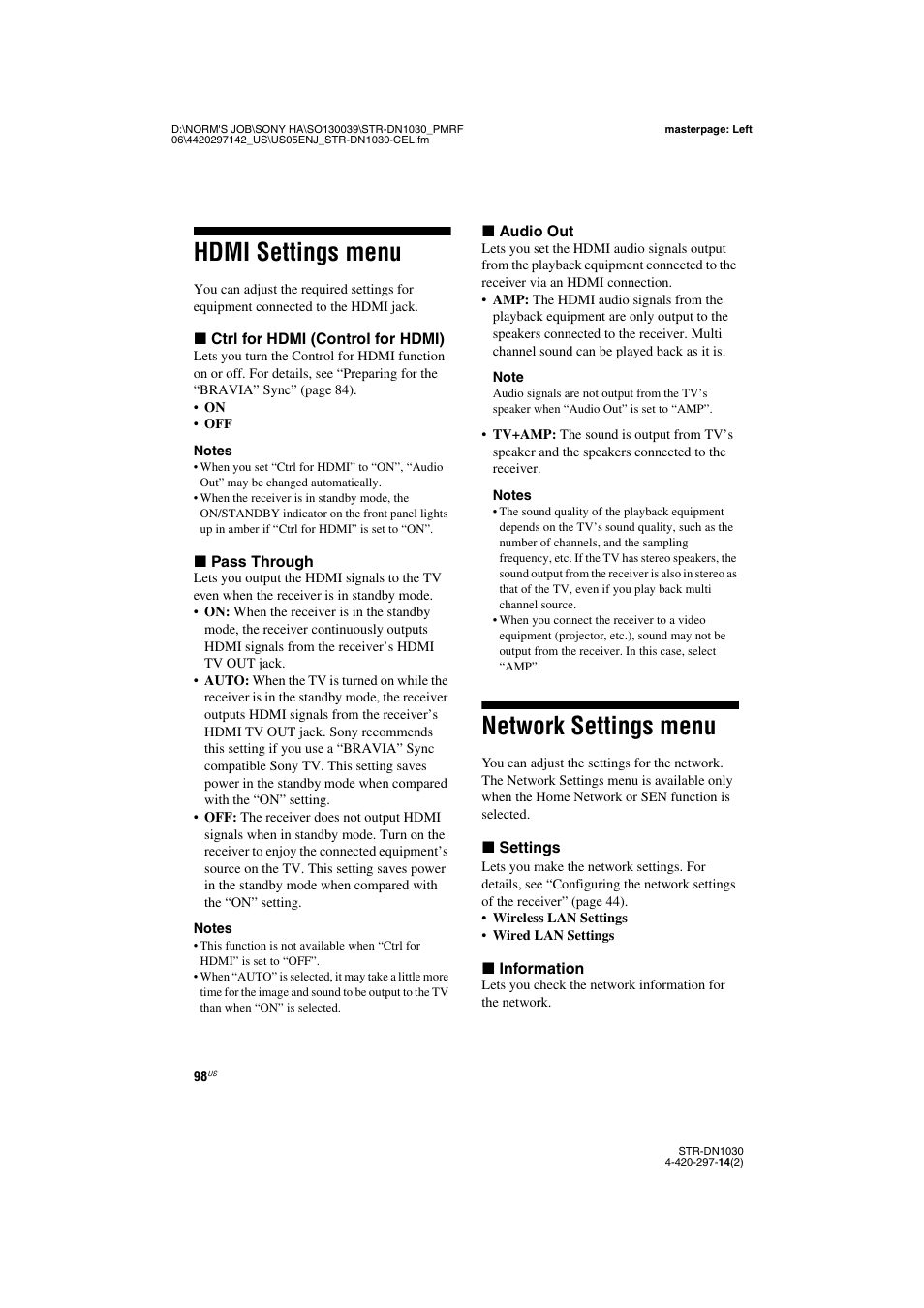 Hdmi settings menu, Network settings menu, Hdmi settings menu network settings menu | Sony STR-DN1030 User Manual | Page 98 / 132