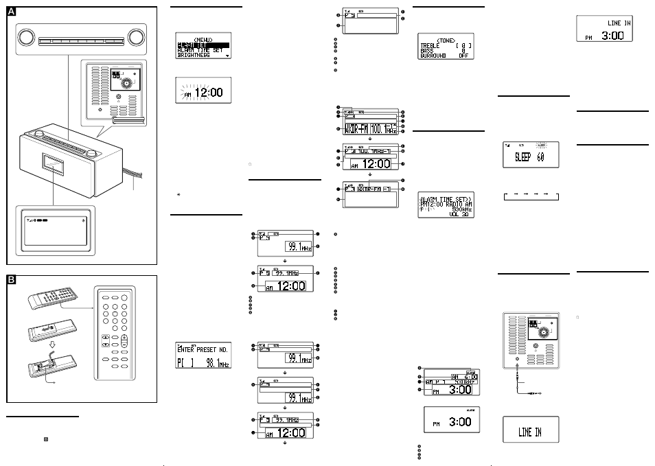 Changing the display mode and settings, Adjusting the tone, Setting the alarm | Setting the sleep timer, Listening to the external equipment, Preparing the remote commander, Resetting the unit, Using the remote commander, Specifications, Setting the clock | Sony XDR-S3HD User Manual | Page 2 / 2