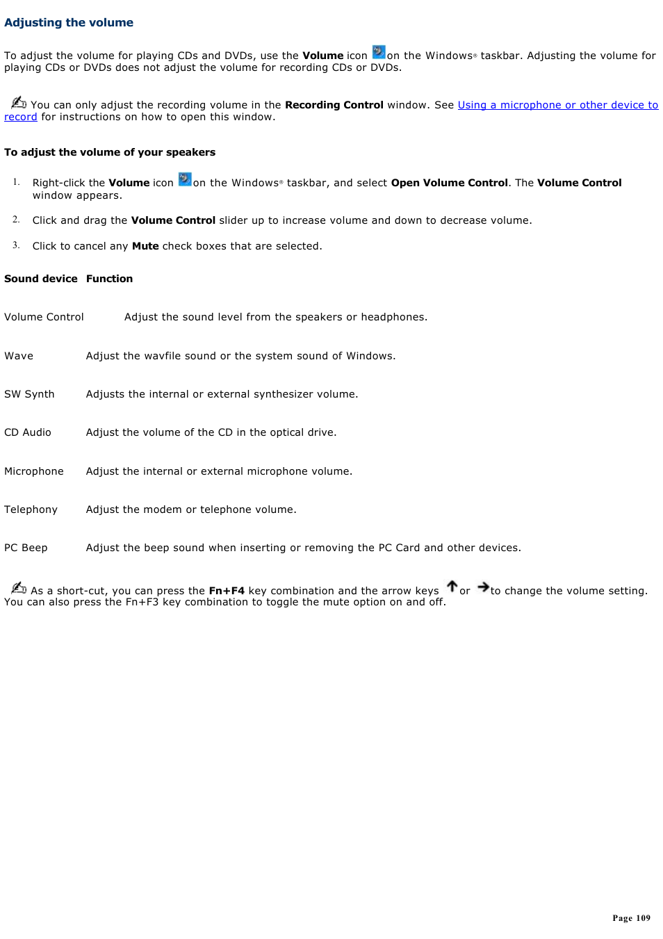 Adjusting the volume | Sony PCG-GRV550 User Manual | Page 109 / 162