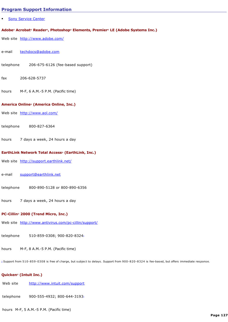 Program support information | Sony PCG-GRV550 User Manual | Page 127 / 162