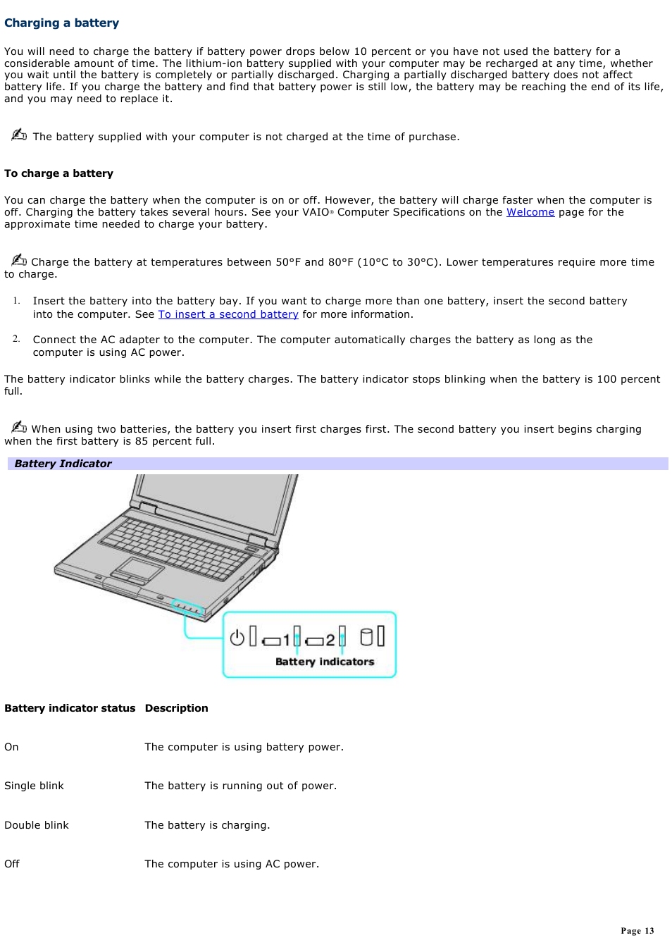 Charging a battery | Sony PCG-GRV550 User Manual | Page 13 / 162