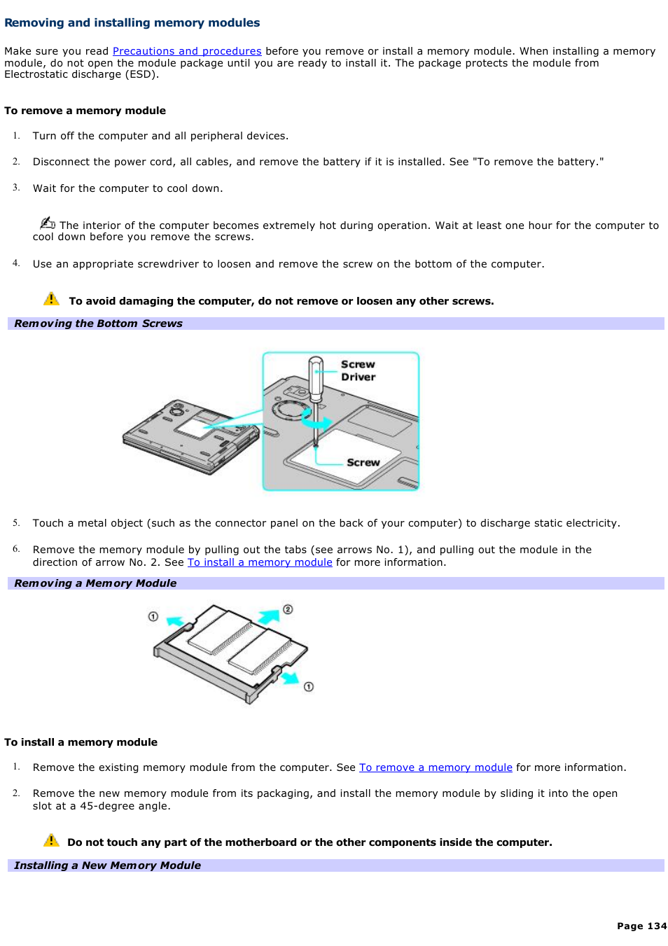 Removing and installing memory modules | Sony PCG-GRV550 User Manual | Page 134 / 162