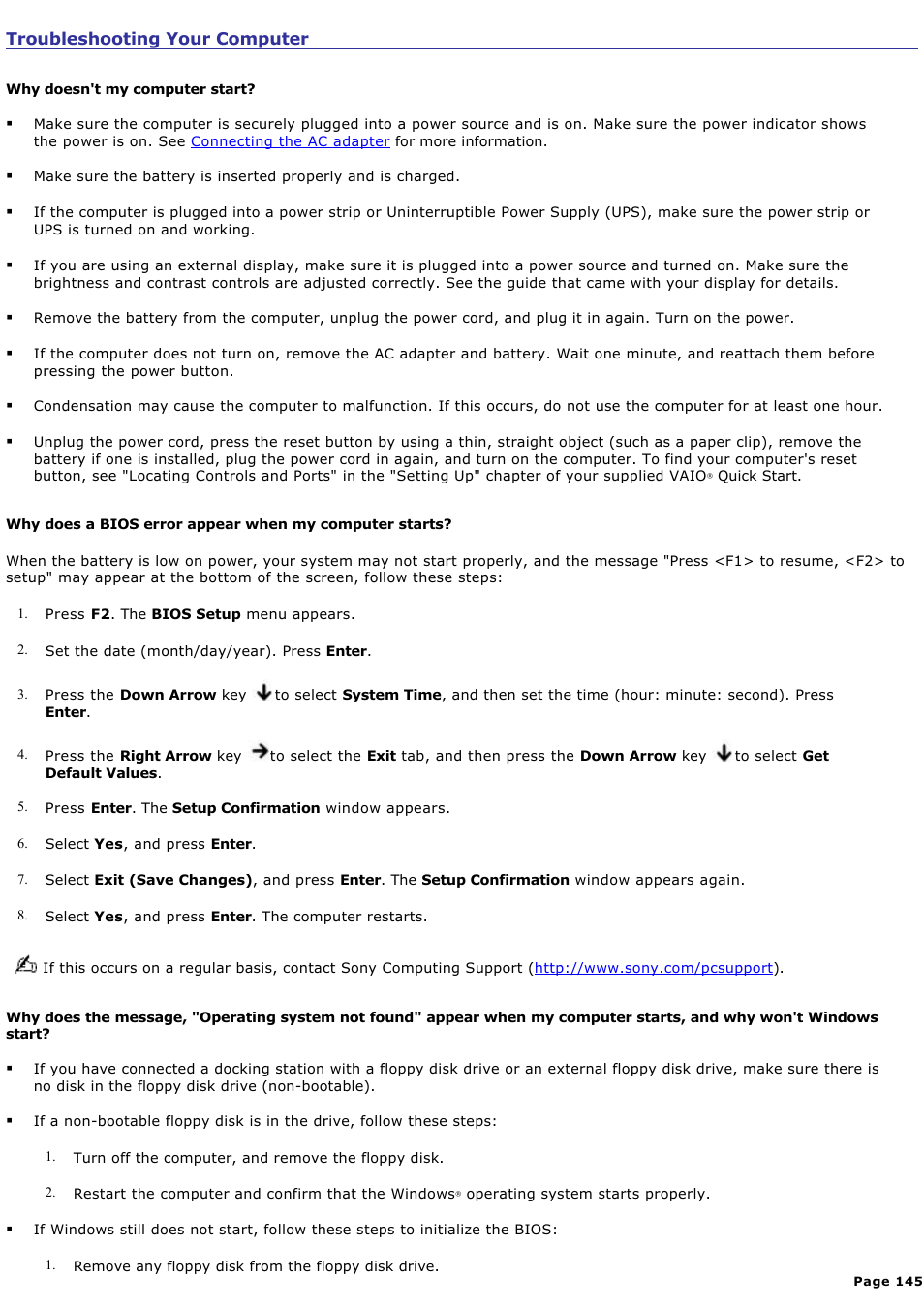 Troubleshooting your computer | Sony PCG-GRV550 User Manual | Page 145 / 162