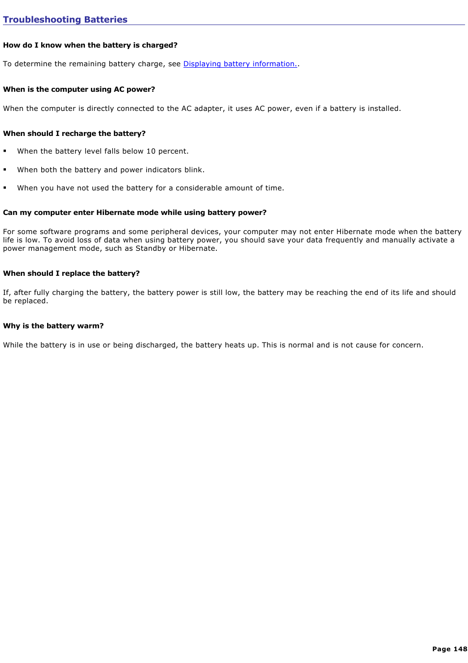 Troubleshooting batteries | Sony PCG-GRV550 User Manual | Page 148 / 162