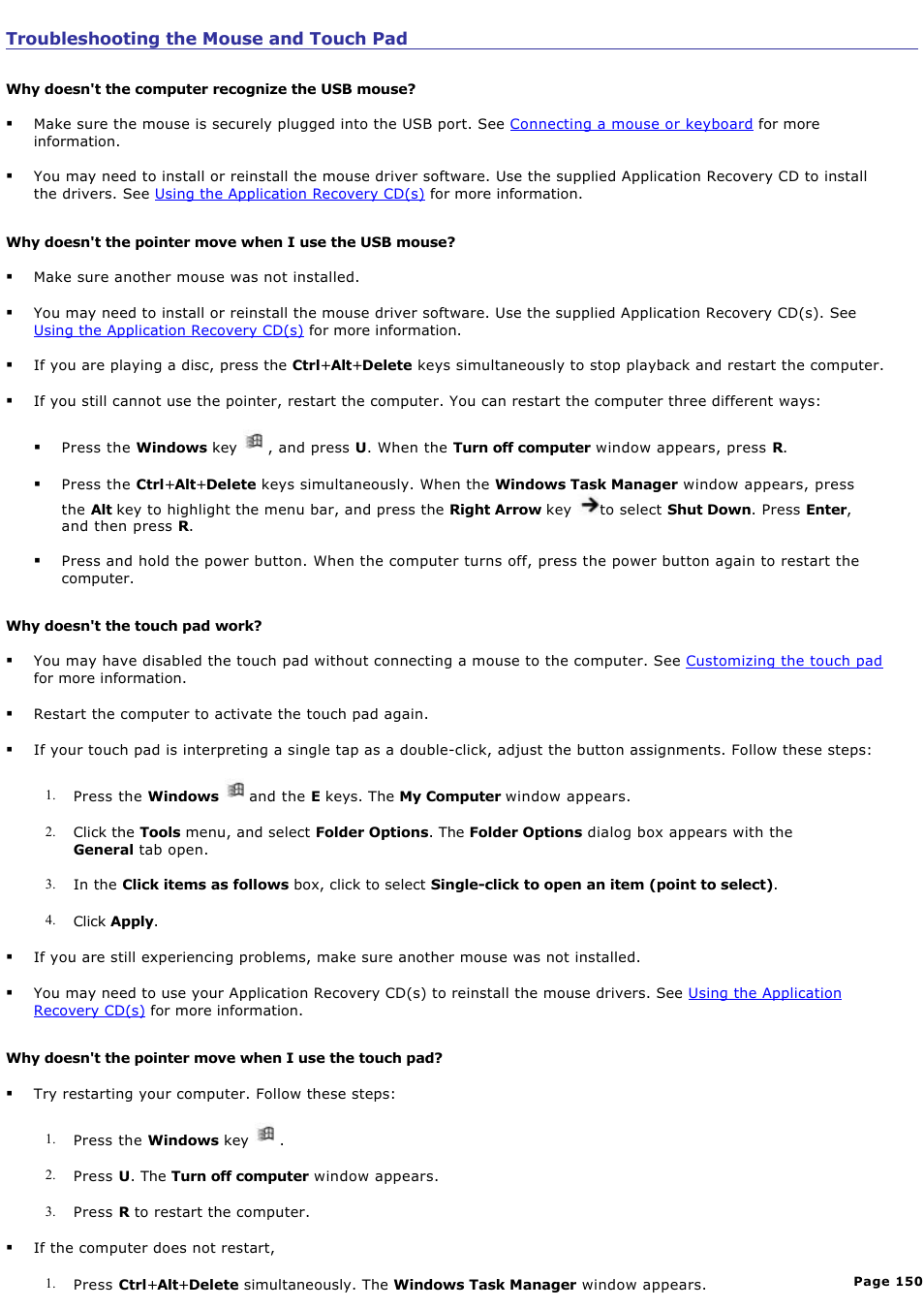 Troubleshooting the mouse and touch pad | Sony PCG-GRV550 User Manual | Page 150 / 162