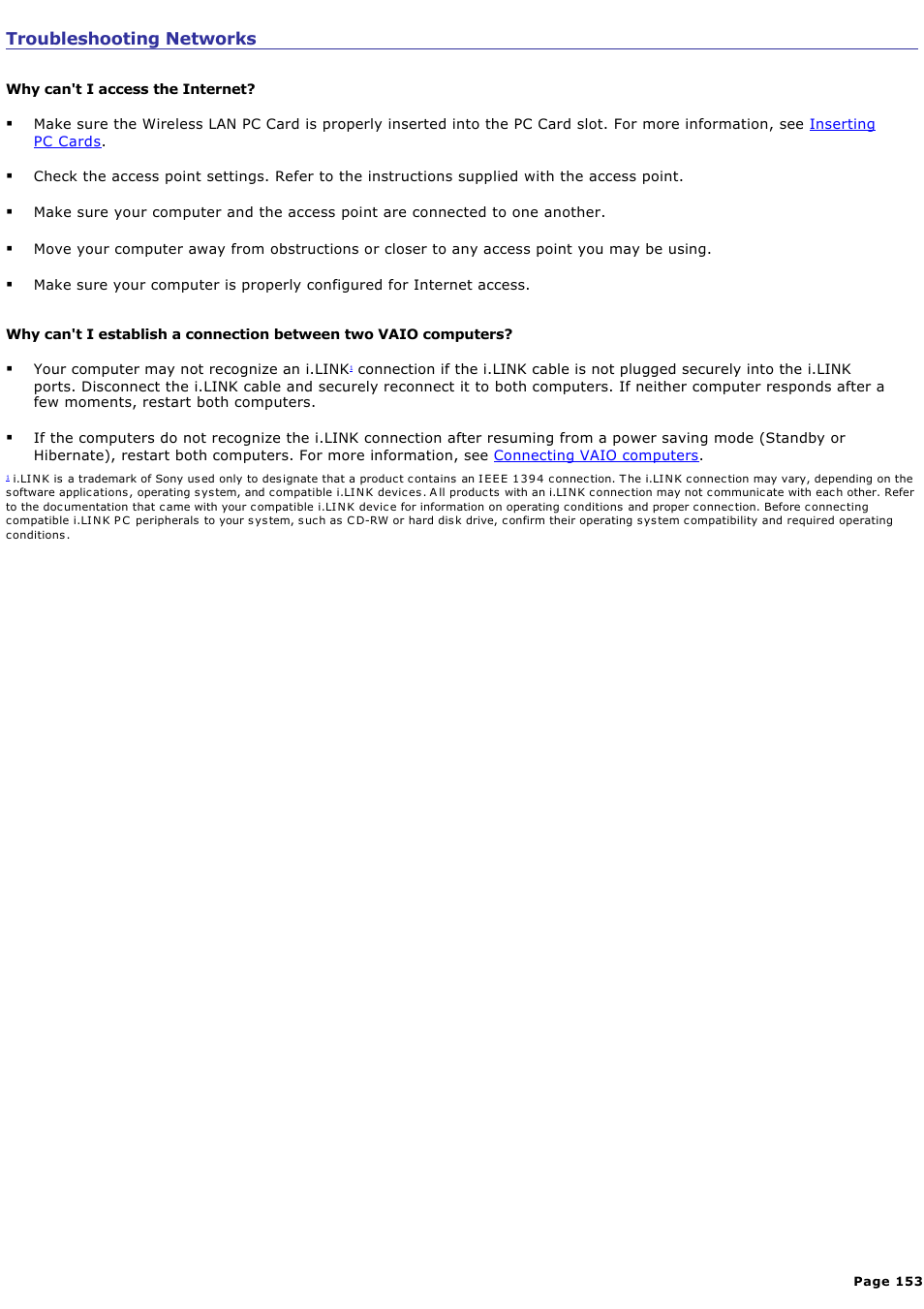 Troubleshooting networks | Sony PCG-GRV550 User Manual | Page 153 / 162