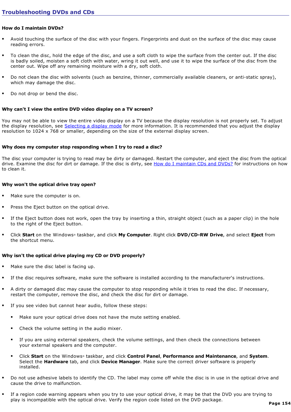 Troubleshooting dvds and cds | Sony PCG-GRV550 User Manual | Page 154 / 162