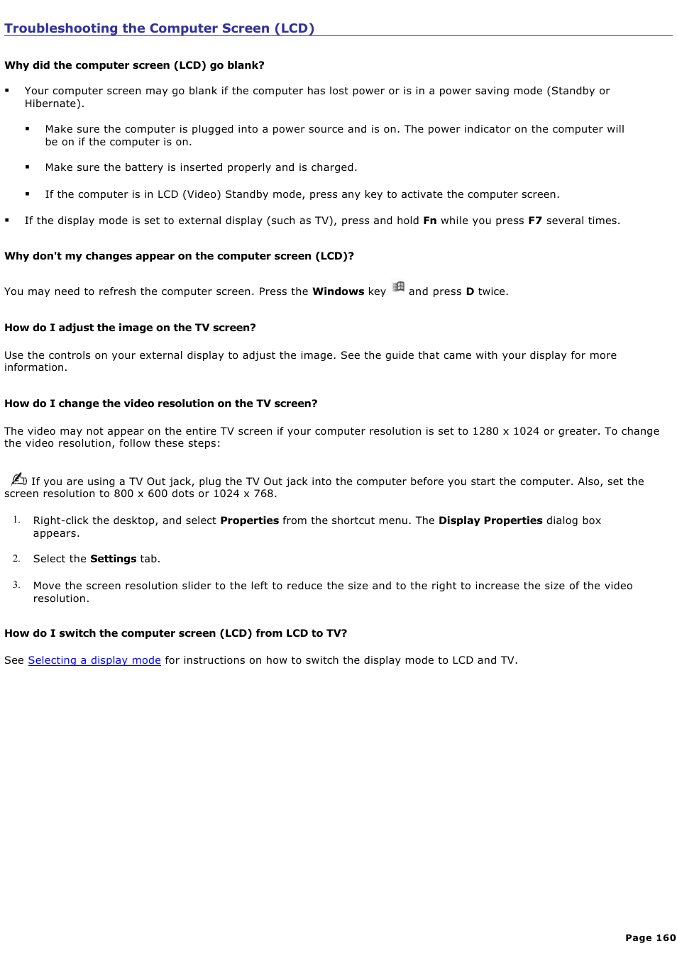 Troubleshooting the computer screen (lcd) | Sony PCG-GRV550 User Manual | Page 160 / 162