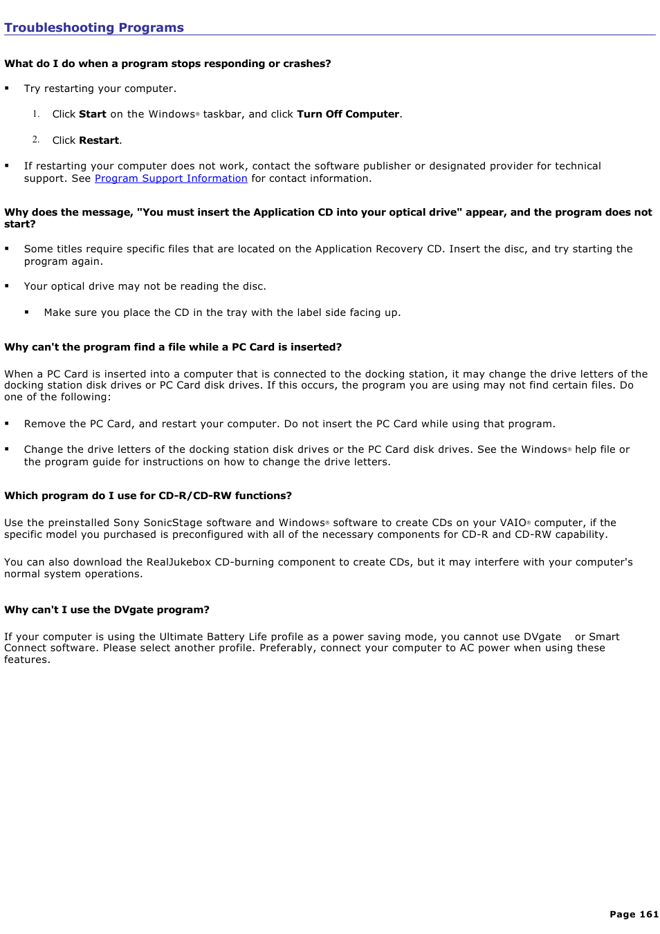 Troubleshooting programs | Sony PCG-GRV550 User Manual | Page 161 / 162