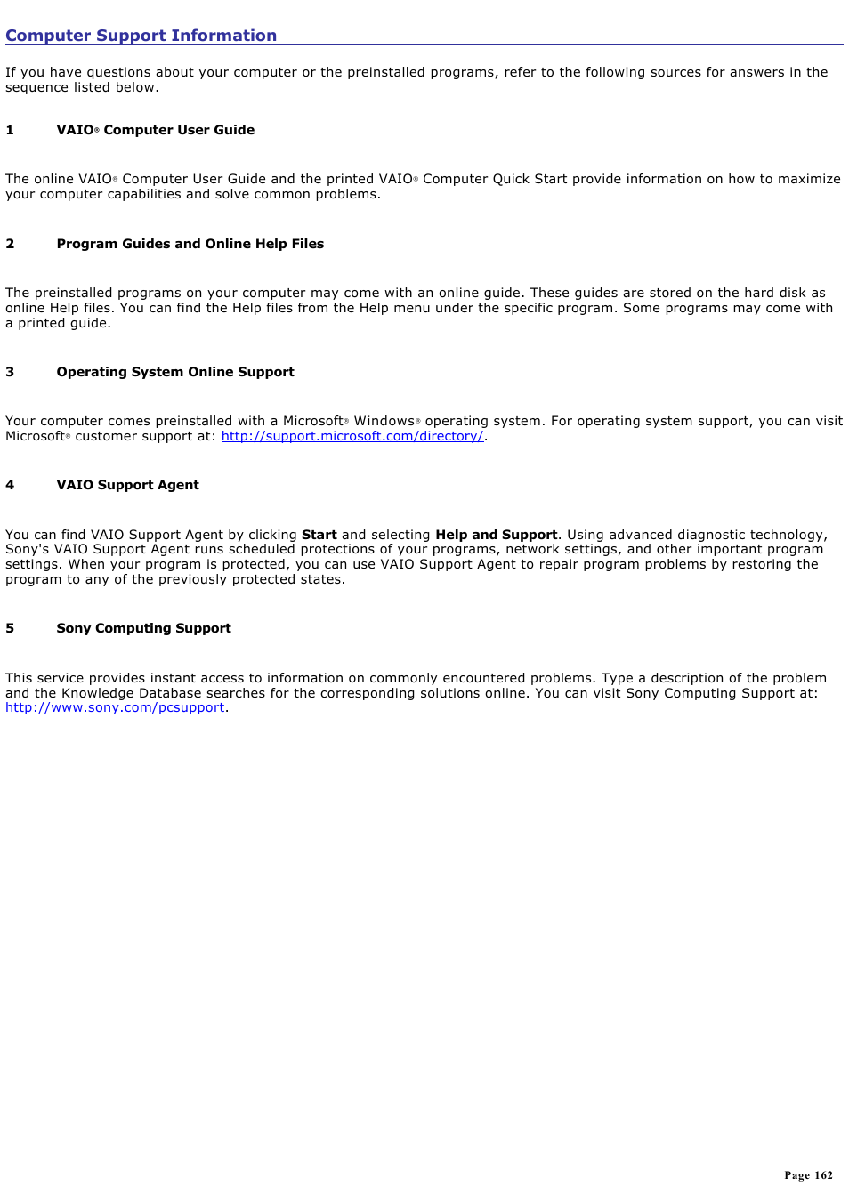 Computer support information | Sony PCG-GRV550 User Manual | Page 162 / 162