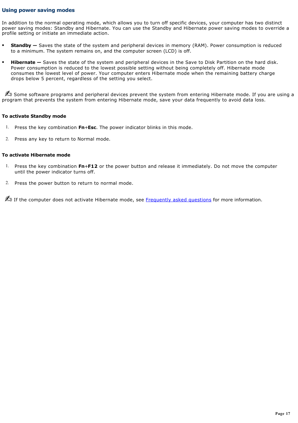 Using power saving modes | Sony PCG-GRV550 User Manual | Page 17 / 162