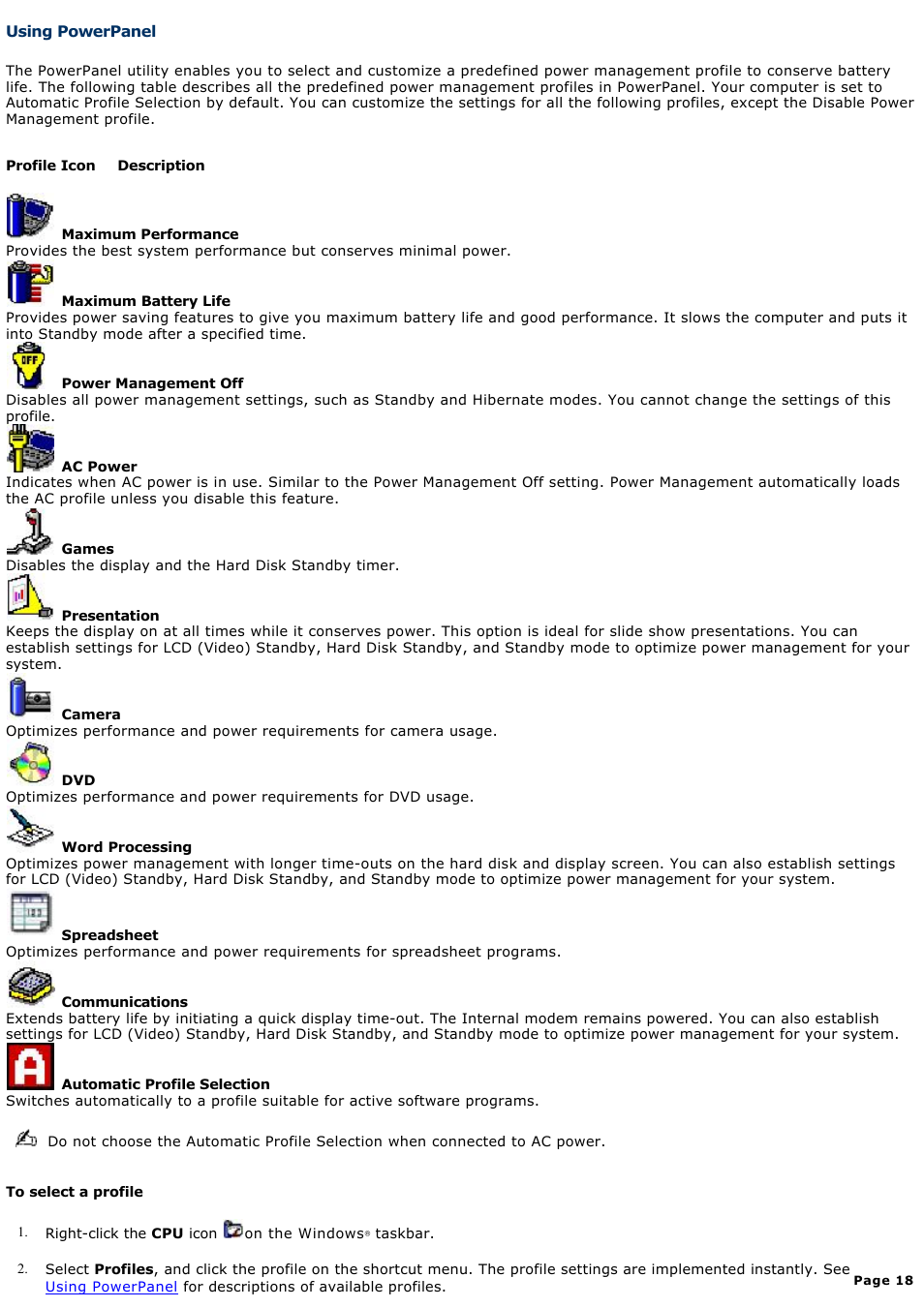 Using powerpanel | Sony PCG-GRV550 User Manual | Page 18 / 162