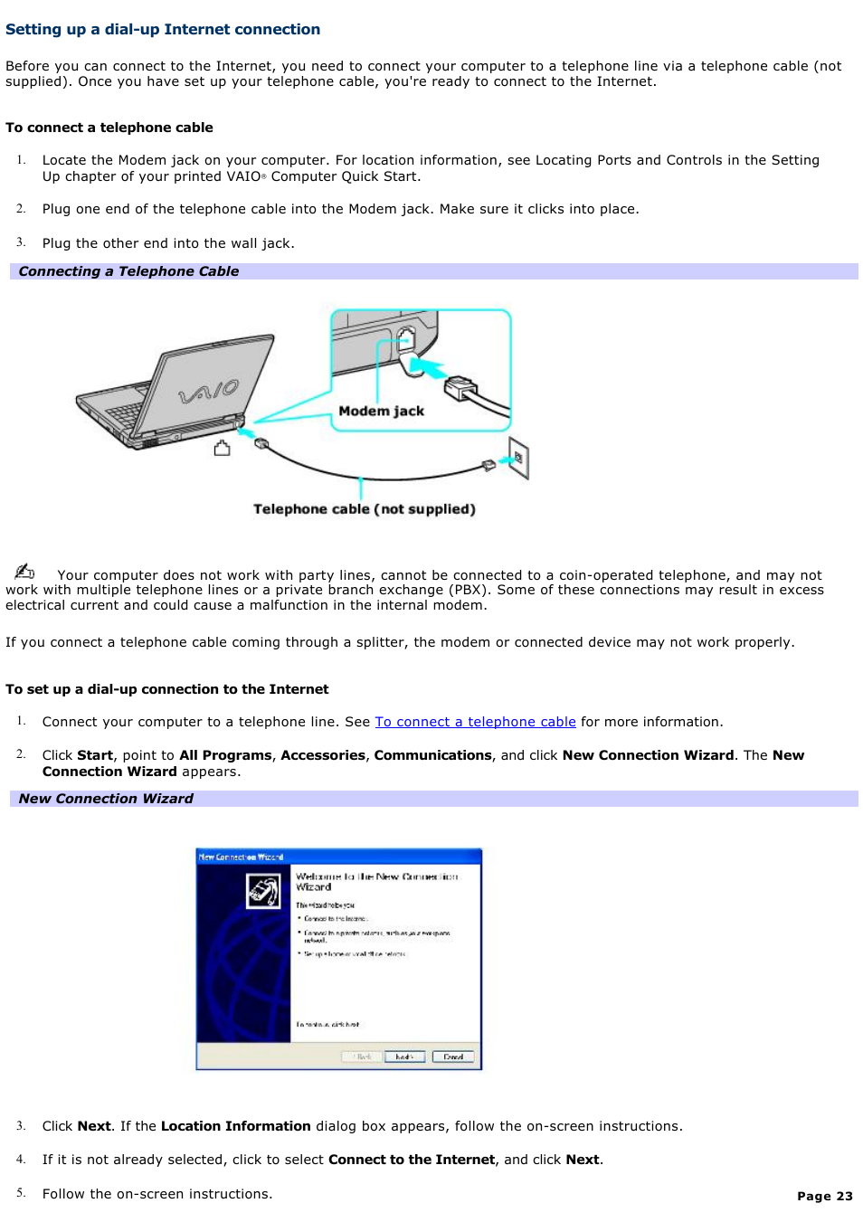 Setting up a dial-up internet connection | Sony PCG-GRV550 User Manual | Page 23 / 162