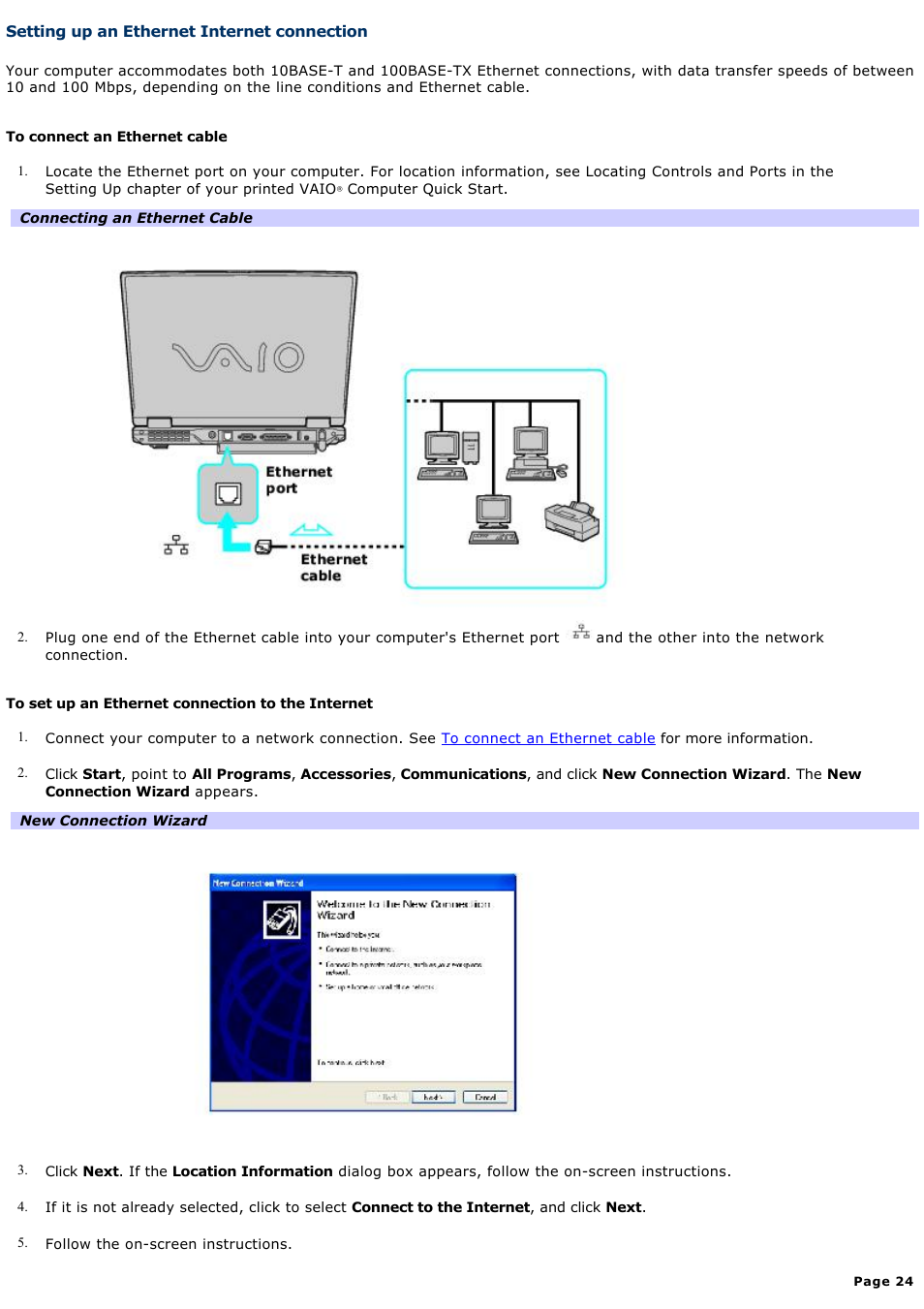 Setting up an ethernet internet connection | Sony PCG-GRV550 User Manual | Page 24 / 162