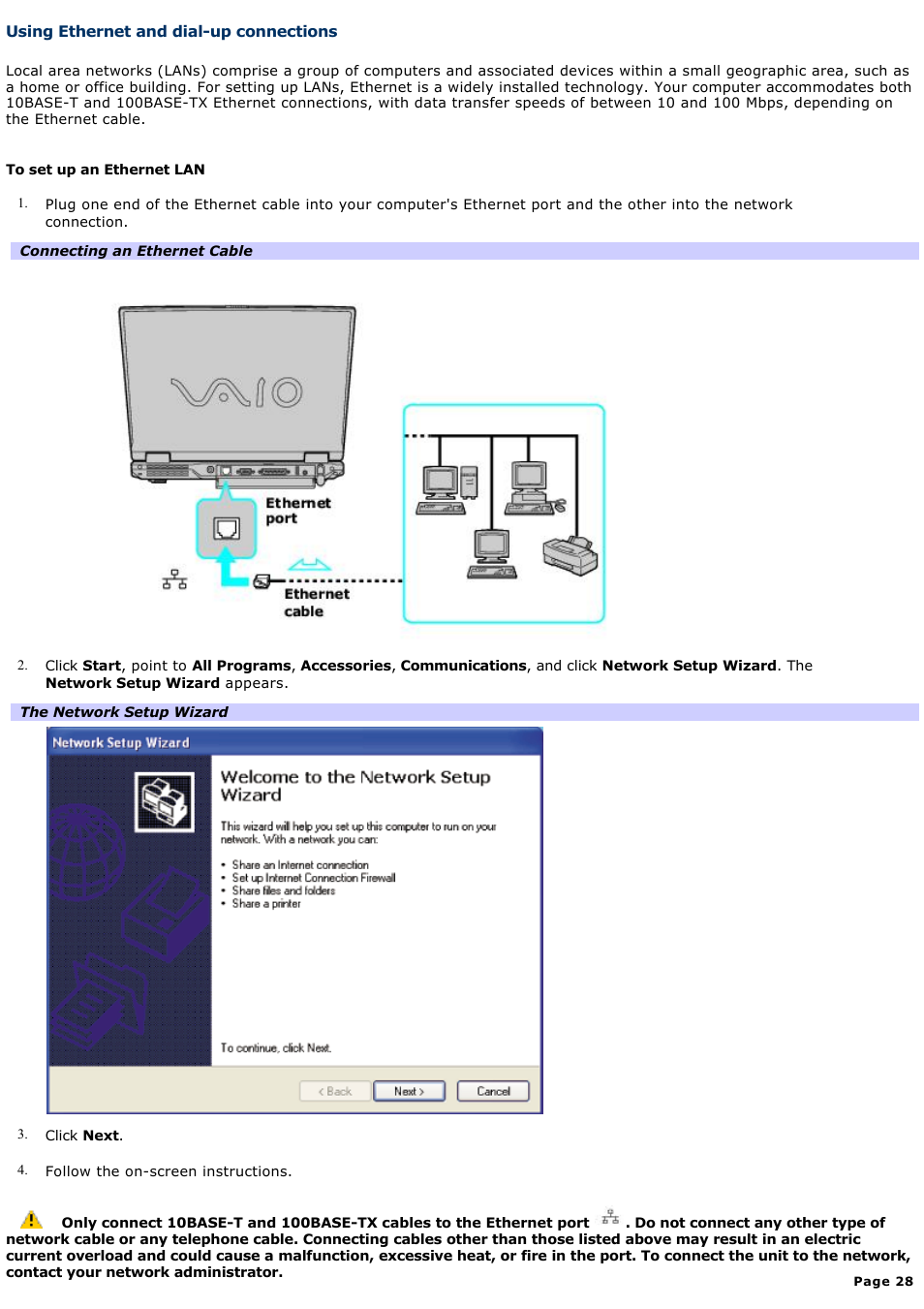 Using ethernet and dial-up connections | Sony PCG-GRV550 User Manual | Page 28 / 162