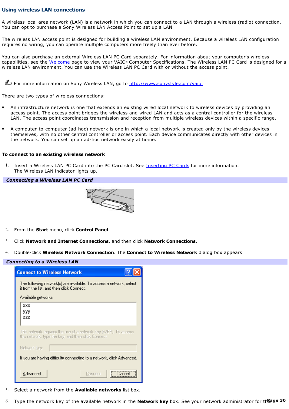 Using wireless lan connections | Sony PCG-GRV550 User Manual | Page 30 / 162