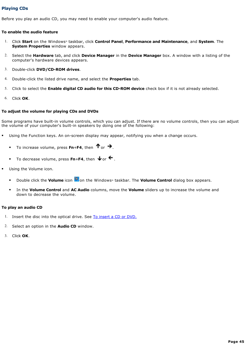 Playing cds | Sony PCG-GRV550 User Manual | Page 45 / 162