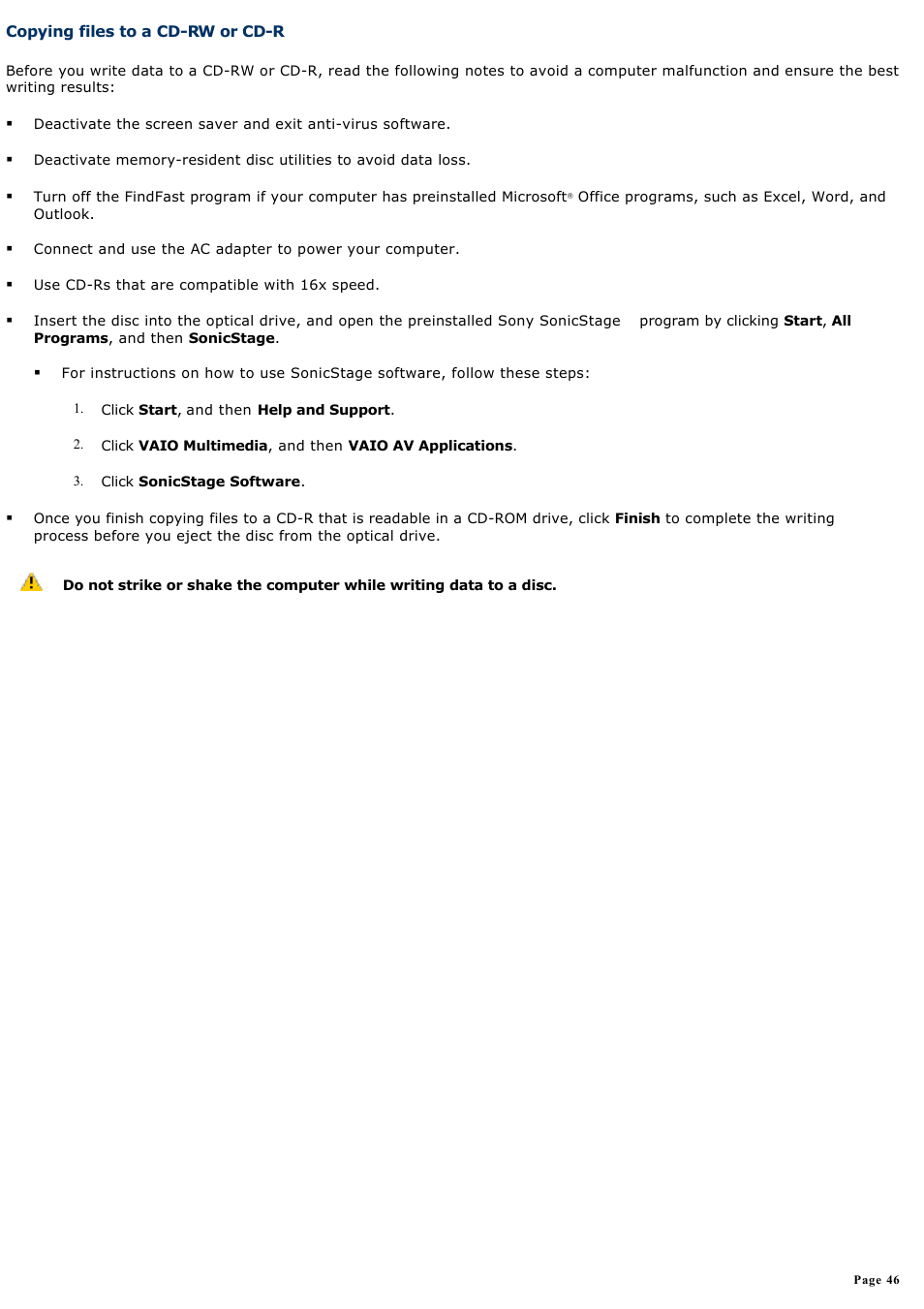 Copying files to a cd-rw or cd-r | Sony PCG-GRV550 User Manual | Page 46 / 162