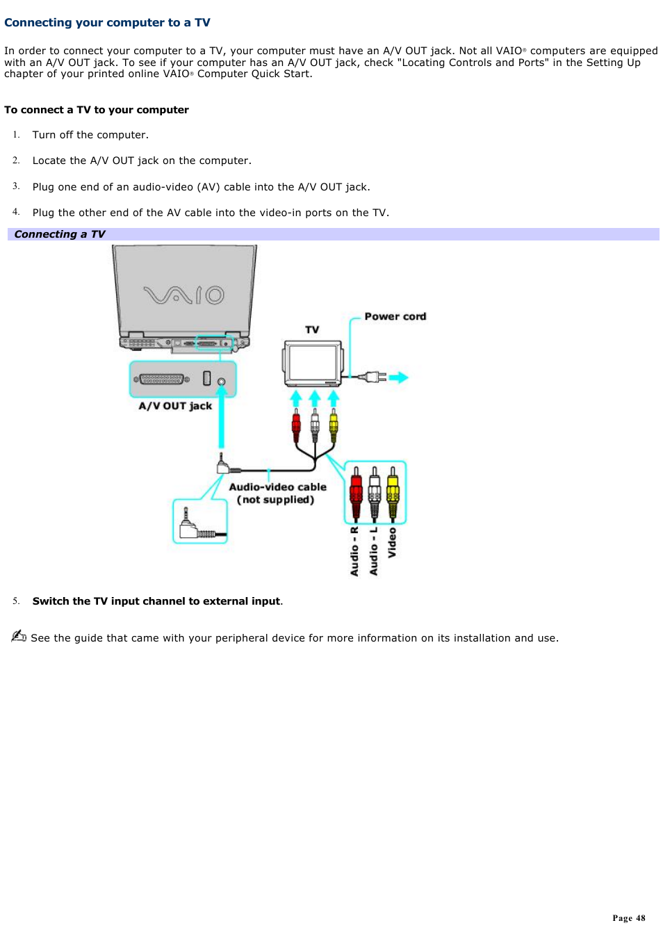 Connecting your computer to a tv | Sony PCG-GRV550 User Manual | Page 48 / 162