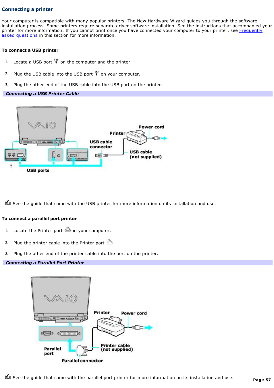 Connecting a printer | Sony PCG-GRV550 User Manual | Page 57 / 162