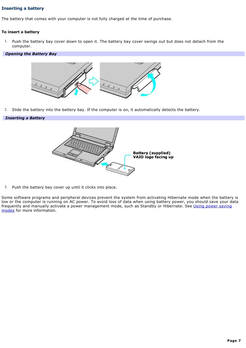 Inserting a battery | Sony PCG-GRV550 User Manual | Page 7 / 162