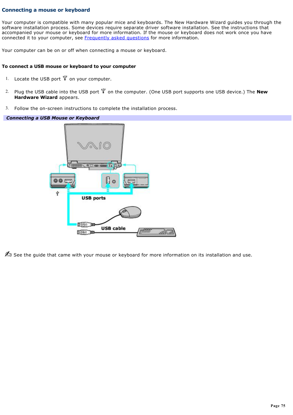 Connecting a mouse or keyboard | Sony PCG-GRV550 User Manual | Page 75 / 162