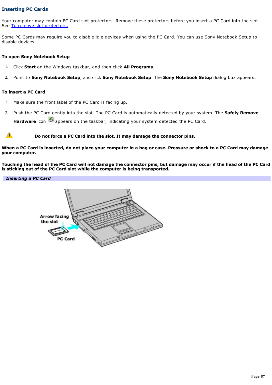 Inserting pc cards, Inserting, Pc cards | Sony PCG-GRV550 User Manual | Page 87 / 162