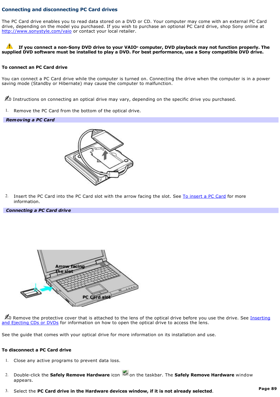 Connecting and disconnecting pc card drives | Sony PCG-GRV550 User Manual | Page 89 / 162