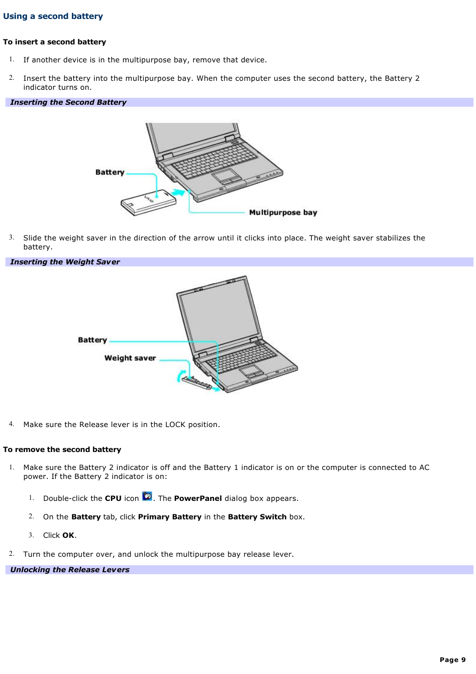 Using a second battery | Sony PCG-GRV550 User Manual | Page 9 / 162