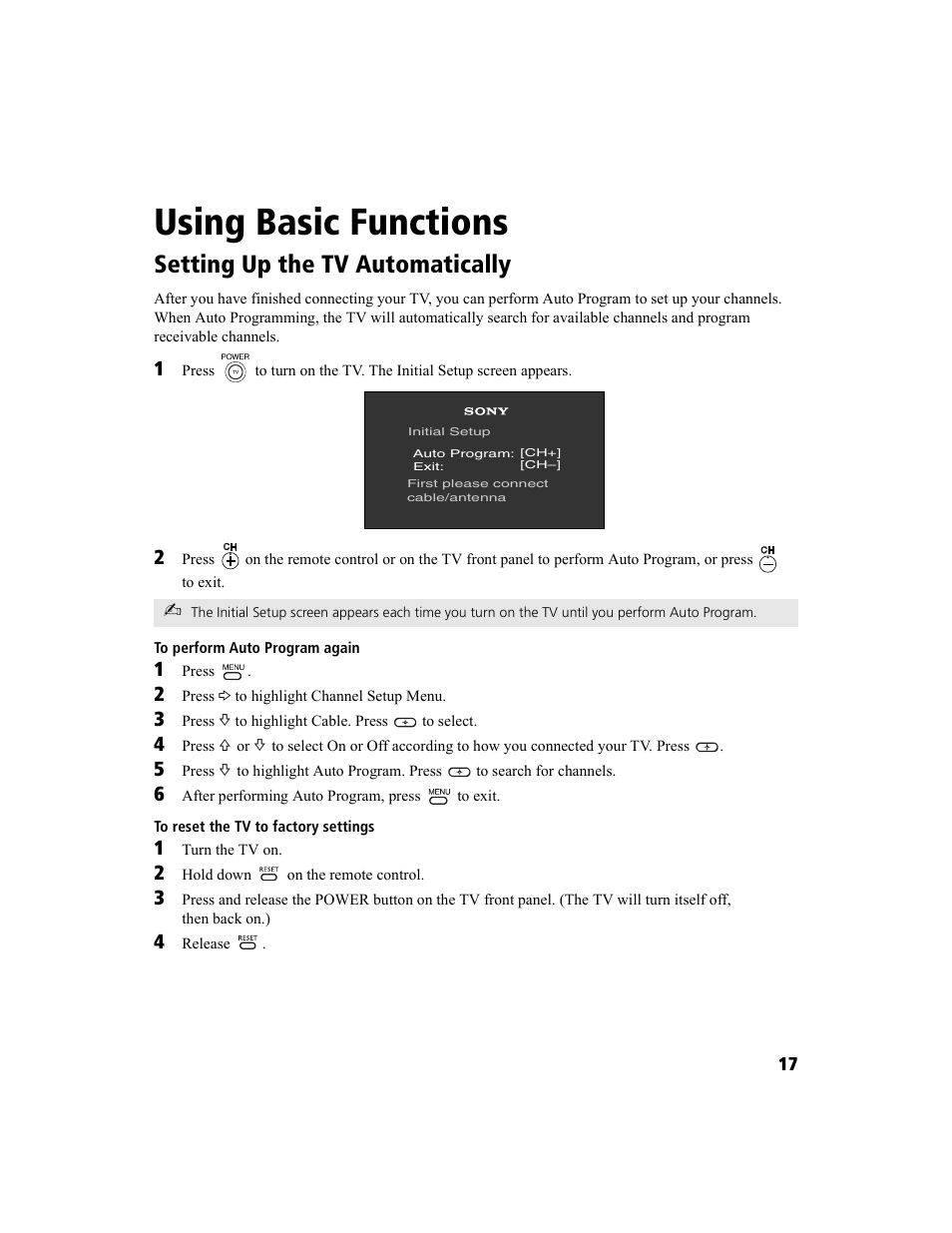 Using basic functions, Setting up the tv automatically | Sony KV-27FS100 User Manual | Page 25 / 64