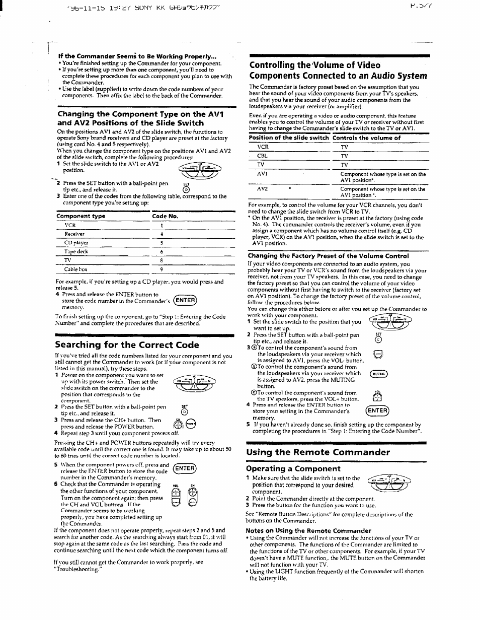 Searching for the correct code, Using the remote commander | Sony RM-V22 User Manual | Page 2 / 6