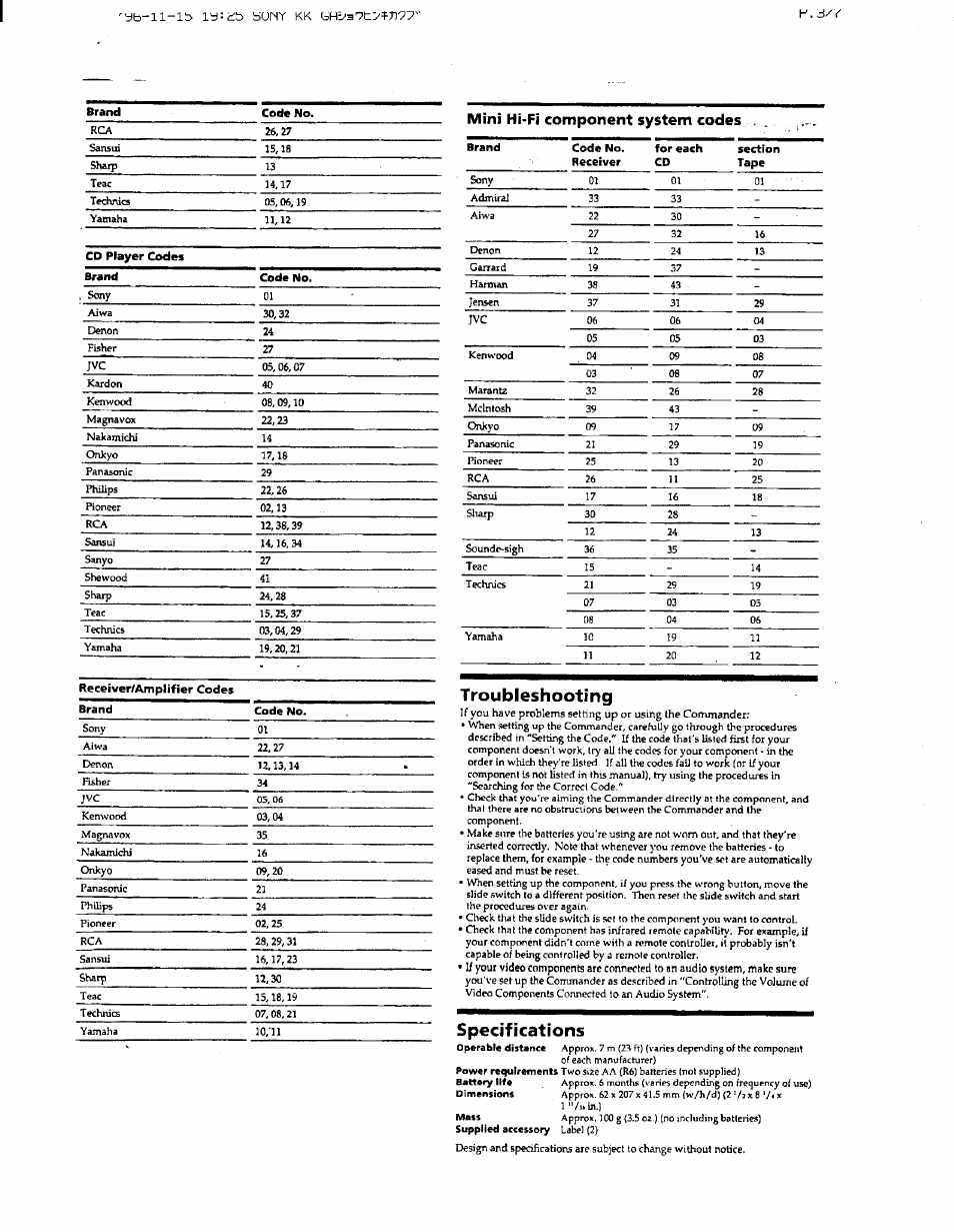 Troubleshooting, Specifications, H'.b | Sony RM-V22 User Manual | Page 6 / 6