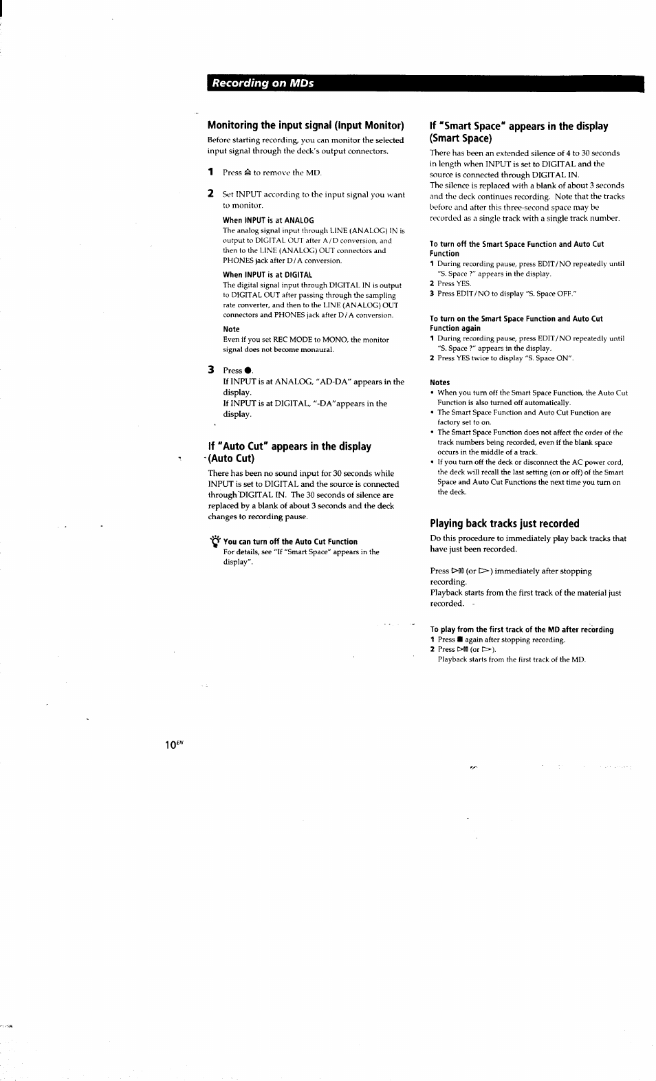 Monitoring the input signal (input monitor), When input is at analog, When input is at digital | Note, If "auto cut" appears in the display (auto cut), 0* you can turn off the auto cut function, Notes, Playing back tracks just recorded, Recording on mds | Sony MDS-S38 User Manual | Page 10 / 109