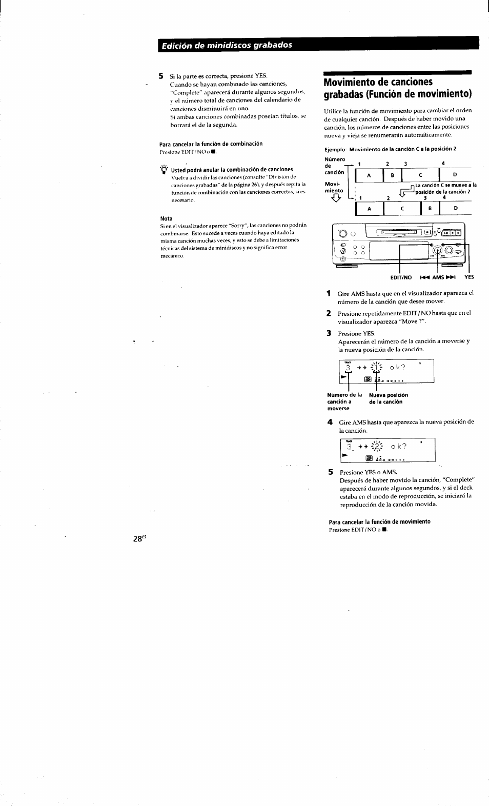 Para cancelar la función de combinación, Q' usted podrá anular la combinación de canciones, Nota | Para cancelar la función de movimiento, I » i - i, Edición de minidiscos grabados | Sony MDS-S38 User Manual | Page 100 / 109