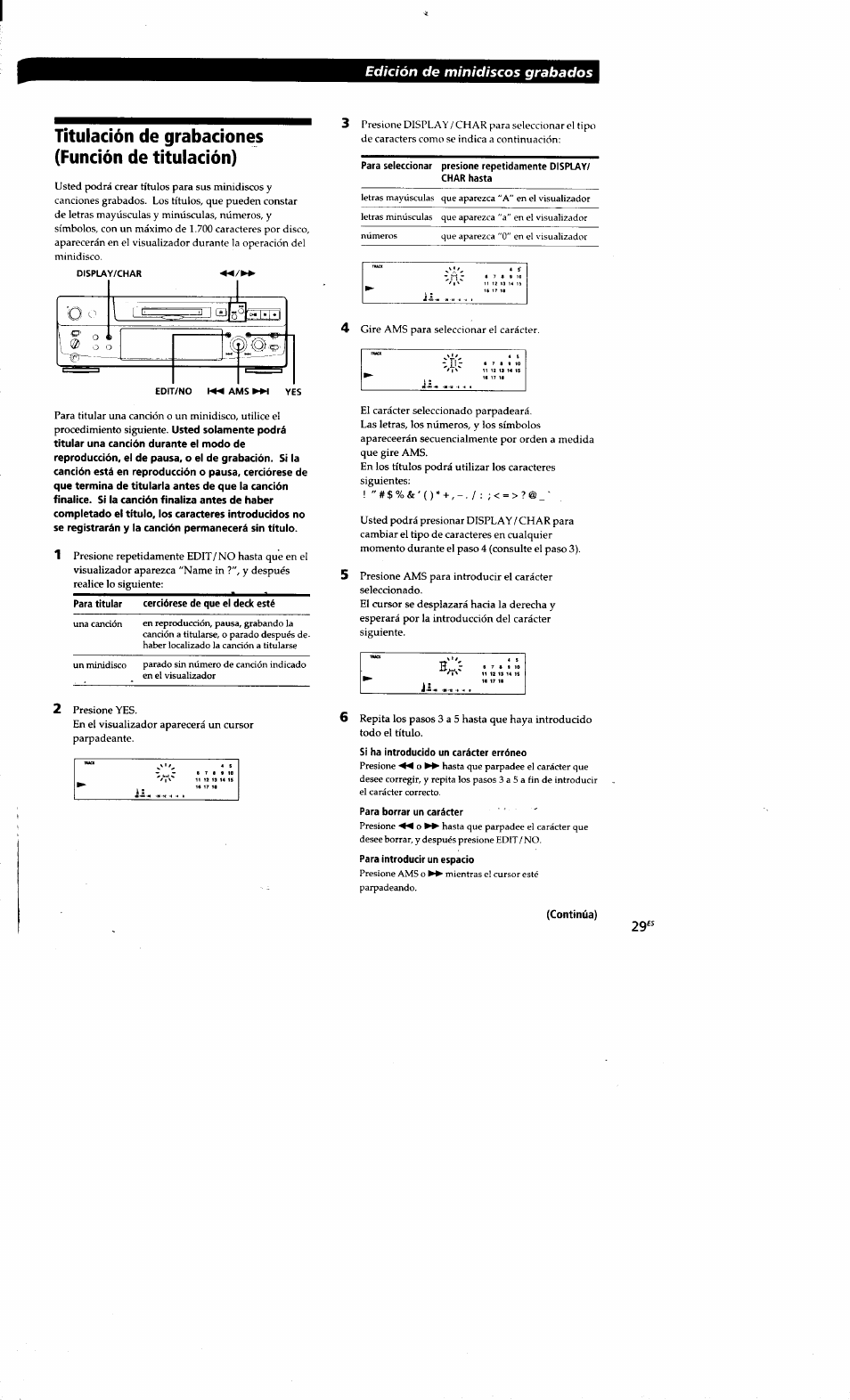 Titulación de grabaciones (función de titulación), Edición de minidiscos grabados | Sony MDS-S38 User Manual | Page 101 / 109