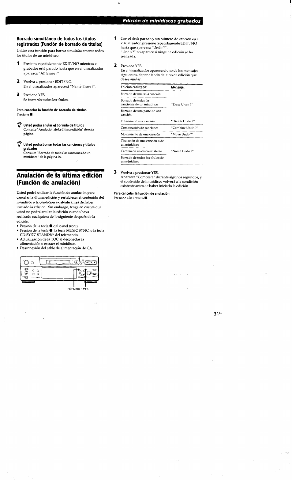 Para cancelar la función de borrado de títulos, Q' usted podrá anular et borrado de títulos, Para cancelar la función de anulación | Edición de minidiscos grabados | Sony MDS-S38 User Manual | Page 103 / 109