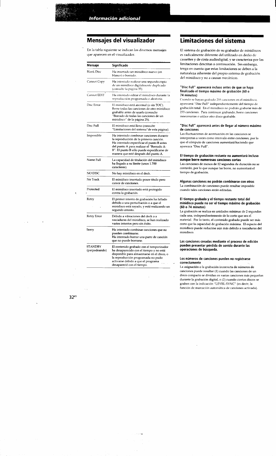 Limitaciones del sistema, Algunas canciones no podrán combinarse con otras, Mensajes del visualizador | Sony MDS-S38 User Manual | Page 104 / 109