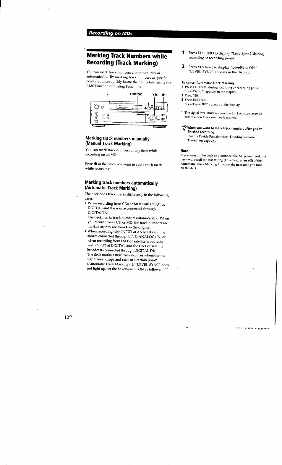 To cancel automatic track marking, Note, Recording on mds | Sony MDS-S38 User Manual | Page 12 / 109