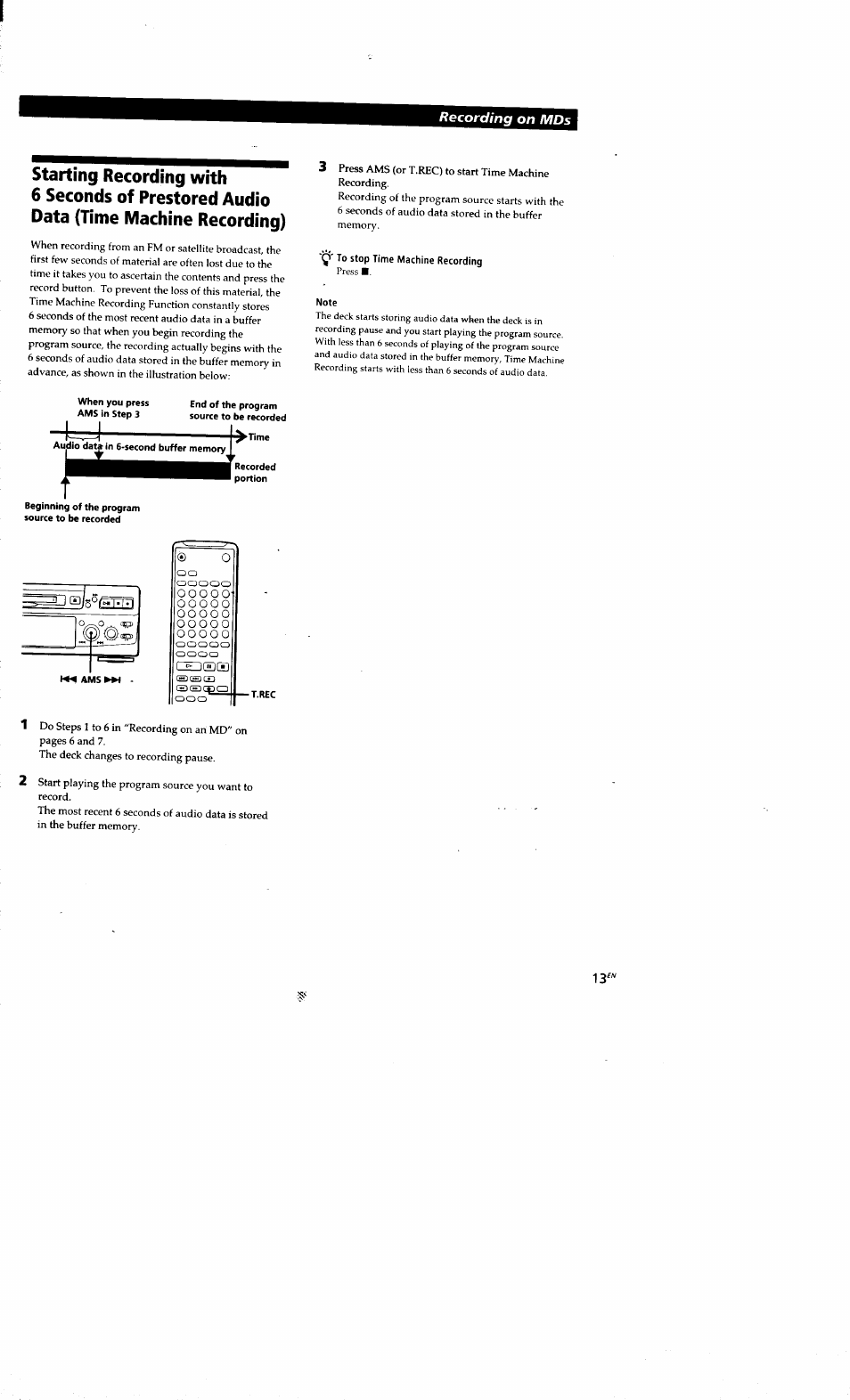 To stop time machine recording, Note, Time machine recording) | Recording on mds | Sony MDS-S38 User Manual | Page 13 / 109