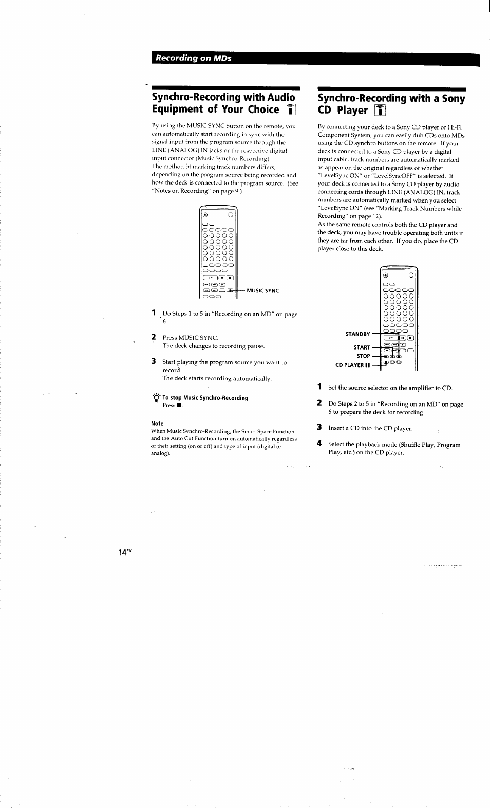 Q* to stop music synchro-recording, Note, Synchro-recording with a sony cd player [t | Recording on mds | Sony MDS-S38 User Manual | Page 14 / 109