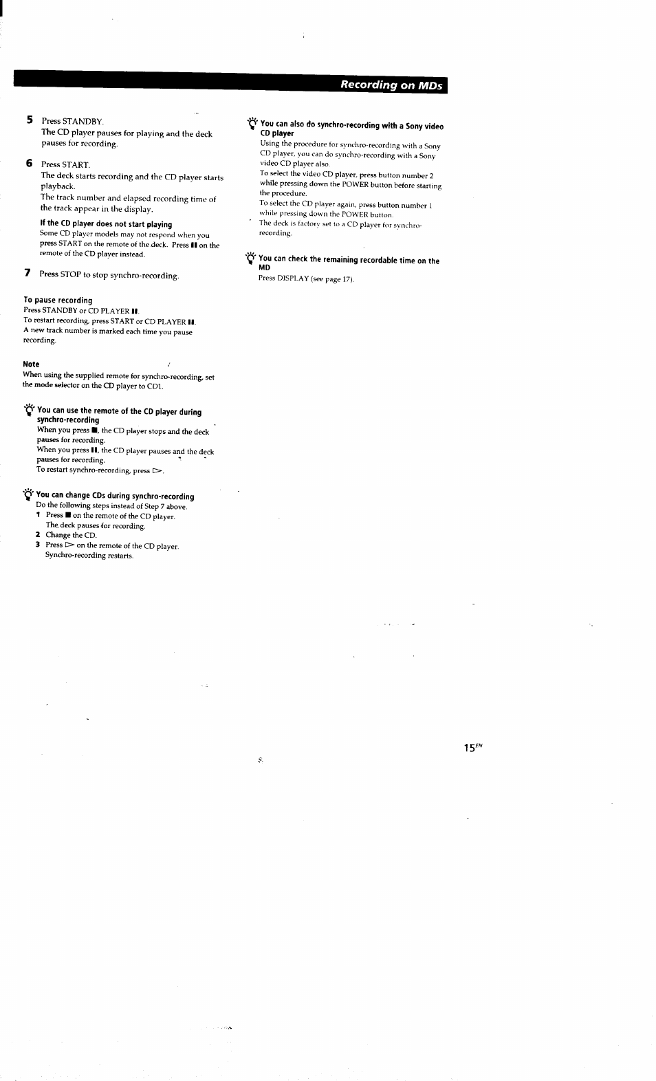 To pause recording, Note, Y you can change cds during synchro-recording | Recording on mds | Sony MDS-S38 User Manual | Page 15 / 109