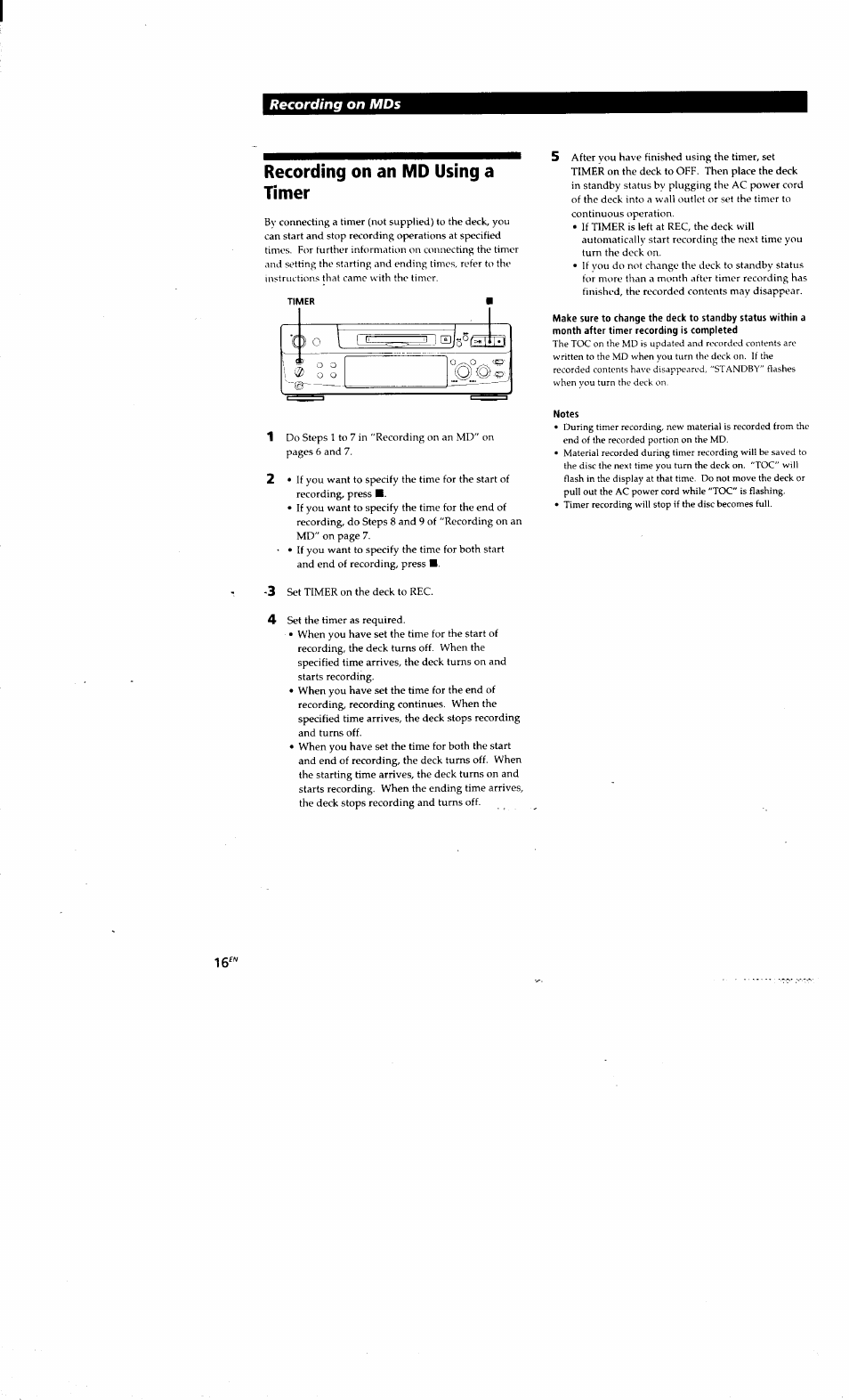 Recording on an md using a timer, Notes, Recording on mds | Sony MDS-S38 User Manual | Page 16 / 109