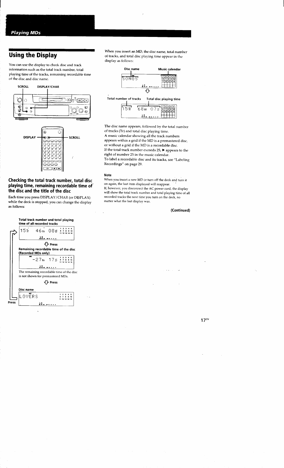 Using the display, Note | Sony MDS-S38 User Manual | Page 17 / 109