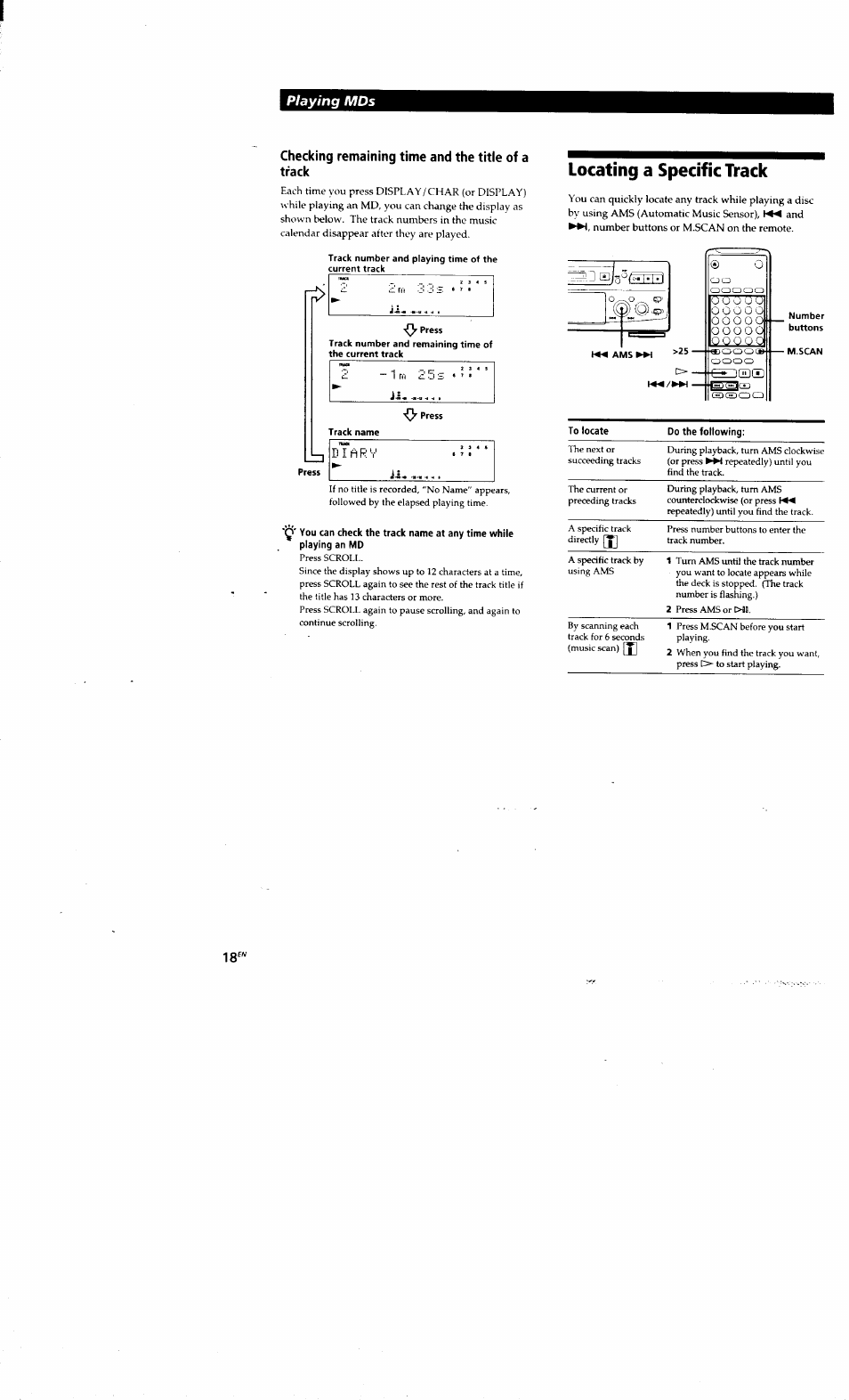 Checking remaining time and the title of a track, Locating a specific track, Playing mds | Sony MDS-S38 User Manual | Page 18 / 109