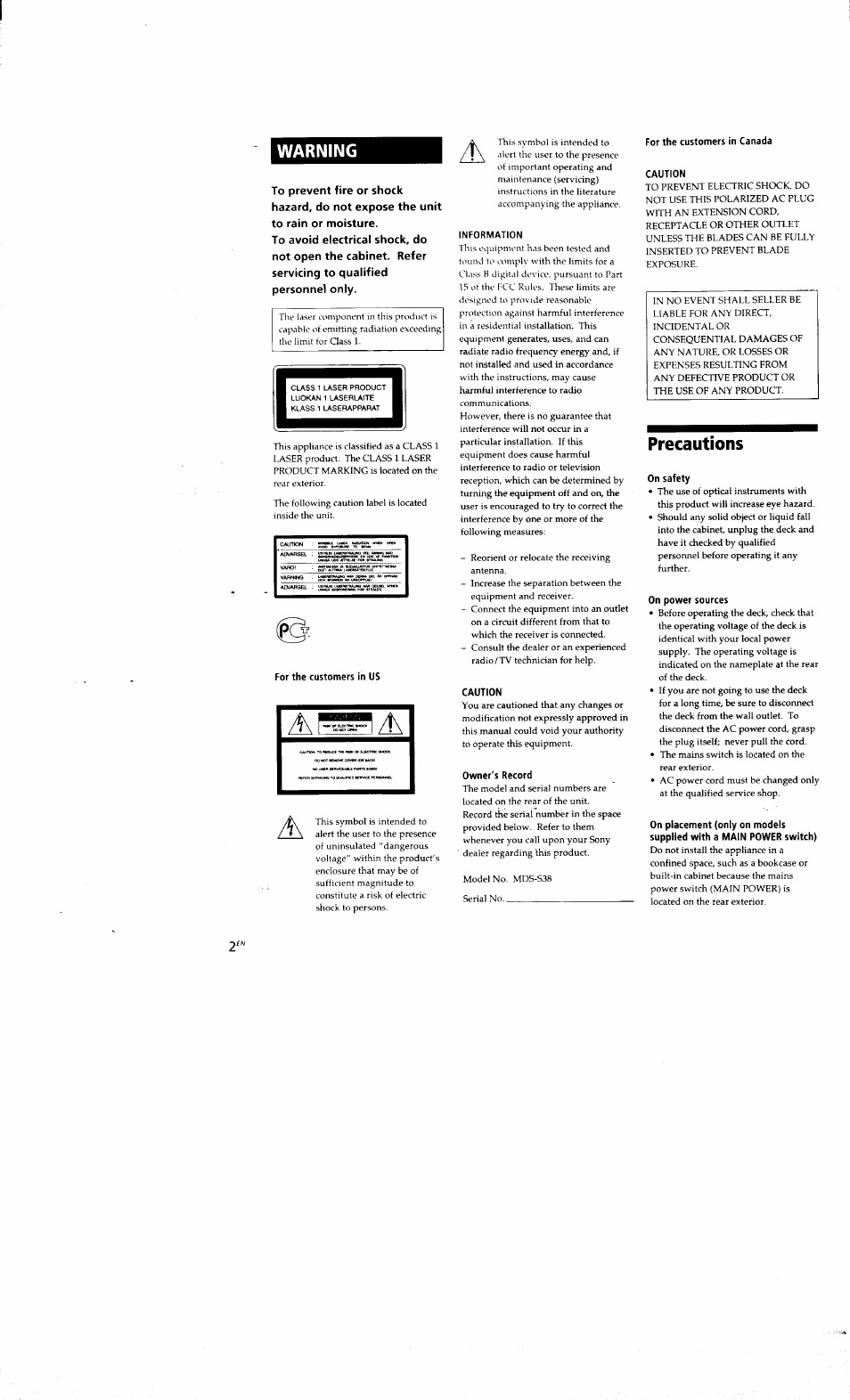 For the customers m us, Information, Caution | Owner's record, For the customers in canada caution, On safety, On power sources, Warning, Precautions, Tmtall | Sony MDS-S38 User Manual | Page 2 / 109